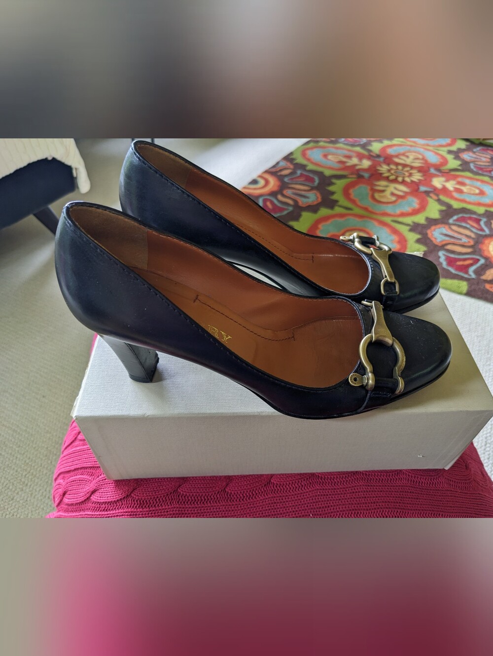 Burberry Black Leather Mid-Heel Buckle Pumps with Gold Horsebit